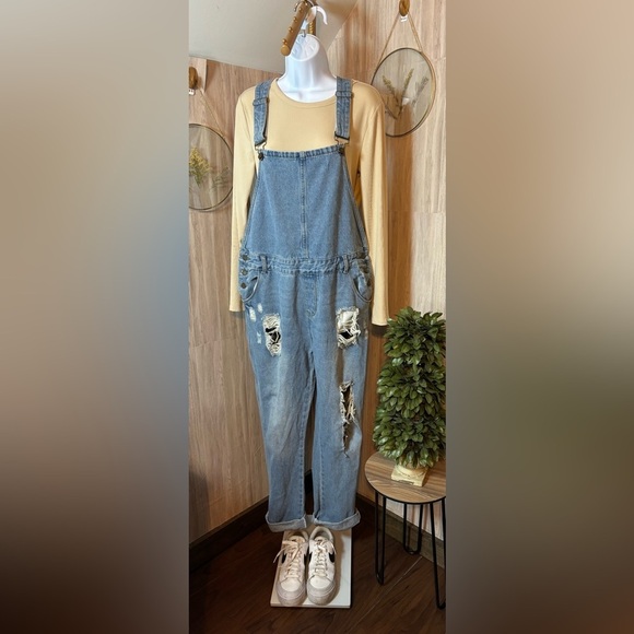 Mod Ref Denim - Mod Ref Blue Denim Distressed Overalls Bibs